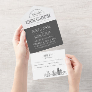 Charlotte Deco Skyline   Grey-Style Wedding All In One Invitation
