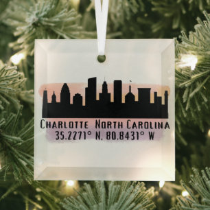 Charlotte NC City Skyline Latitude and Longitude  Glass Tree Decoration