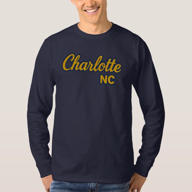 Charlotte NC Script Design – Bold Yellow & Navy  T-Shirt (Front)