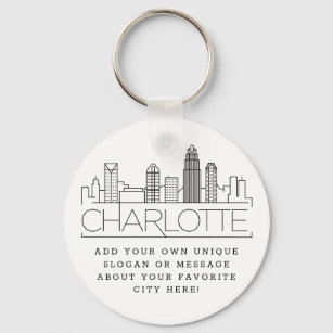 Charlotte, NC Stylized Skyline   Custom Slogan Key Ring
