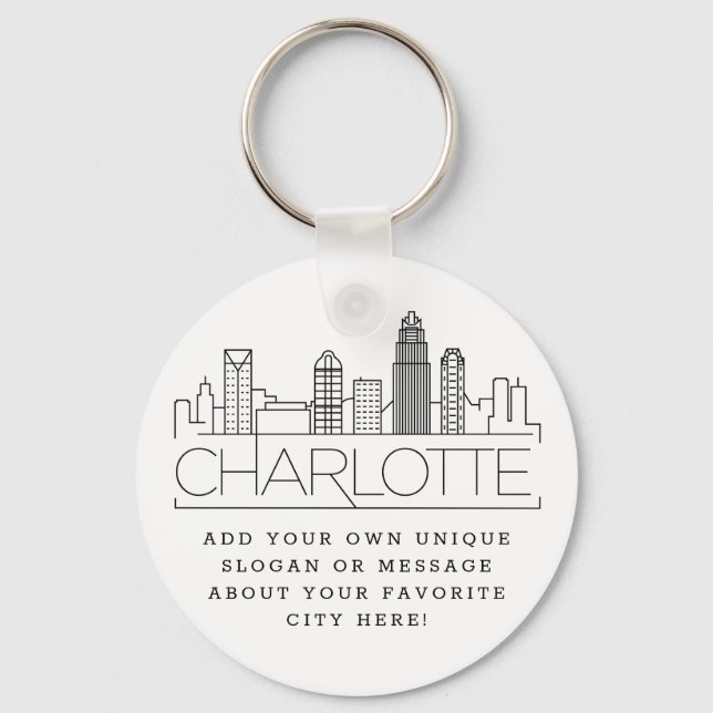 Charlotte, NC Stylized Skyline | Custom Slogan Key Ring (Front)