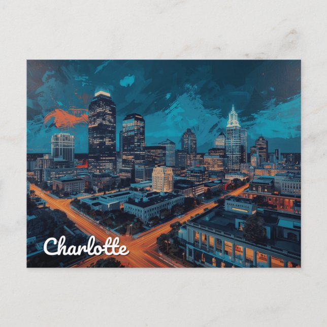 Charlotte NC Uptown Night City Art Postcard (Front)