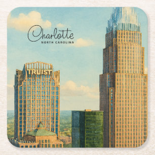 Charlotte NC Watercolor Skyline Travel Square Paper Coaster