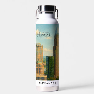 Charlotte NC Watercolor Skyline Travel Water Bottle