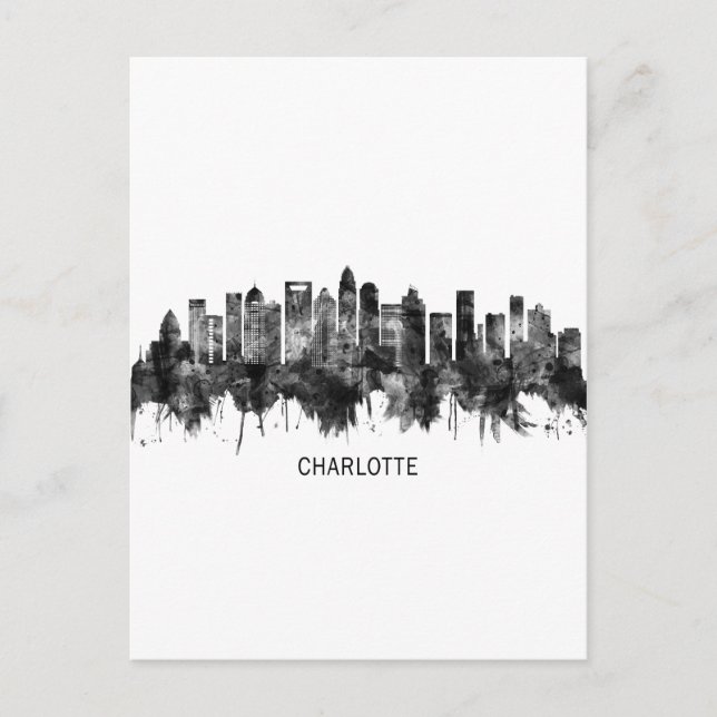 Charlotte North Carolina Skyline BW Holiday Postcard (Front)