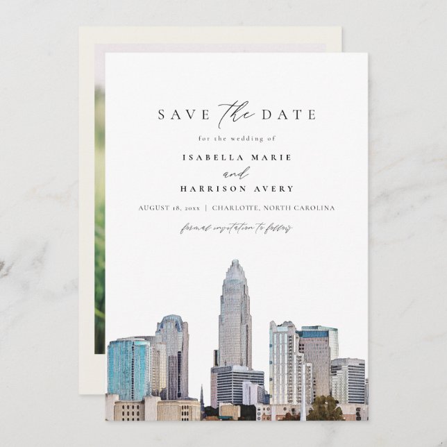 CHARLOTTE NORTH CAROLINA Skyline Save the Date Invitation (Front/Back)