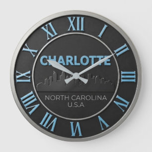 Charlotte North Carolina Skyline Silver Bezel Large Clock