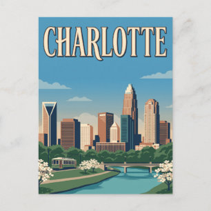 Charlotte North Carolina Skyline Vintage Poster Postcard