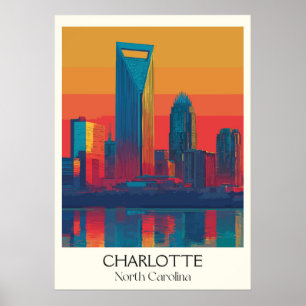 Charlotte North Carolina Vintage Skyline City Art Poster