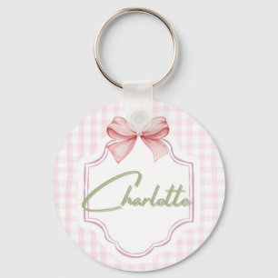 Charlotte Personalized Pink Bow & Gingham Print Key Ring