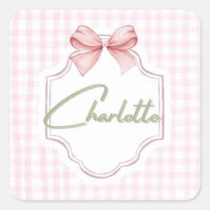 Charlotte Personalized Pink Bow & Gingham Print Square Sticker