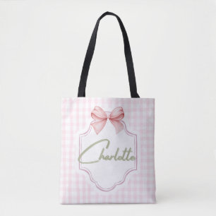 Charlotte Personalized Pink Bow & Gingham Print Tote Bag