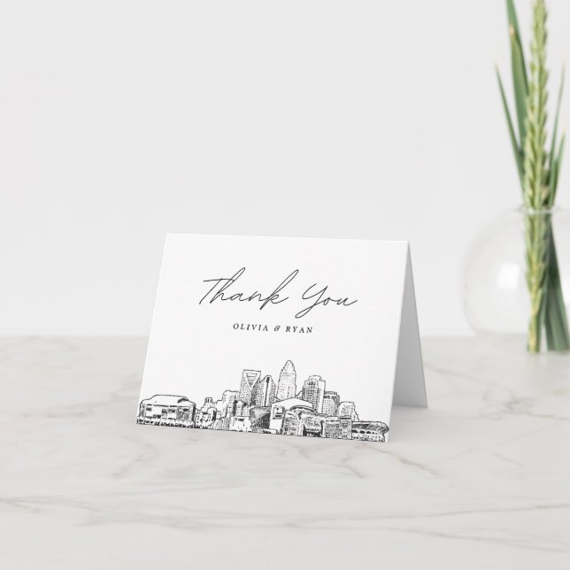Charlotte Skyline Sketch Blank Thank You Card (Front)