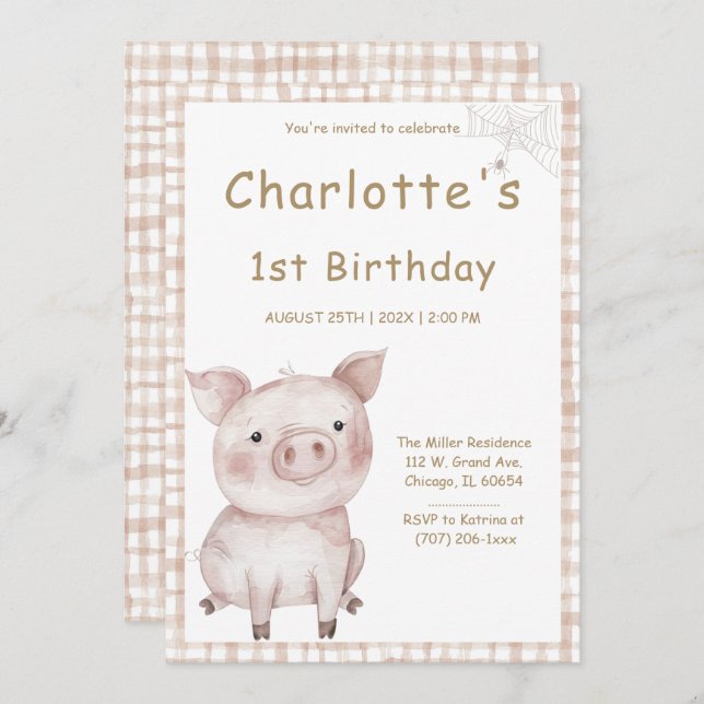 Charlotte's Web Birthday Party  Invitation (Front/Back)