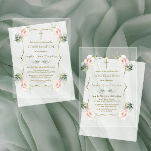 Charm Airy Greenery Pink Floral Confirmation Acrylic Invitations