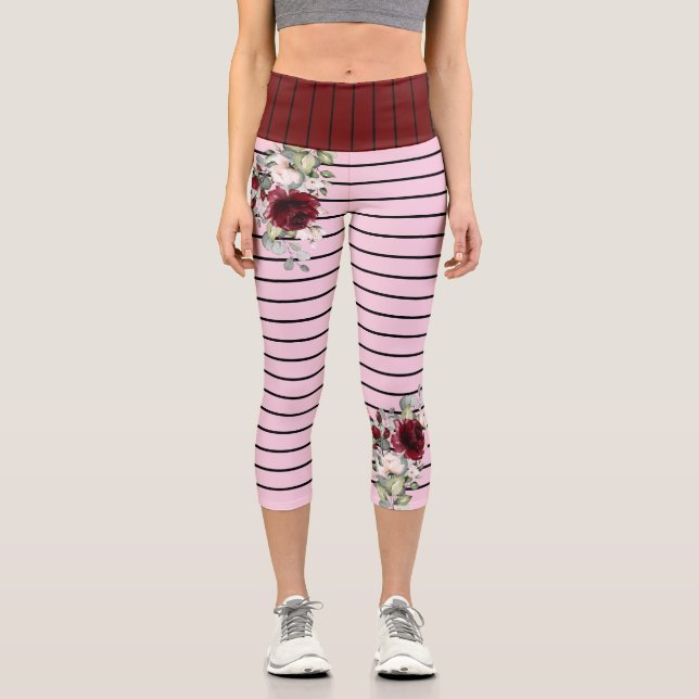 Charm Black Pink Stripes Burgundy Flowers Pattern Capri Leggings (Front)