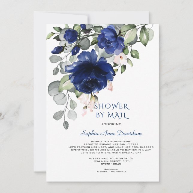 Charm Blue Flowers Boy Baby Shower By Mail Invitation (Front)