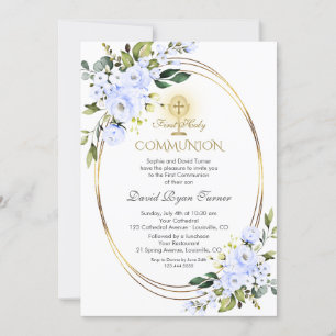 Charm Blue Flowers Boy Gold First Holy Communion Invitation