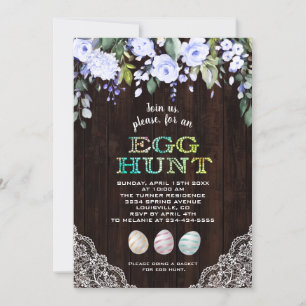Charm Blue Flowers Lace Wood Egg Hunt Easter Invitation