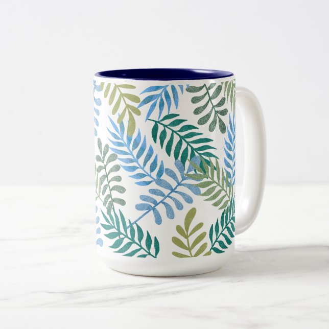 Charm Blue Shading Leaves Glow Pattern Two-Tone Coffee Mug (Front Right)