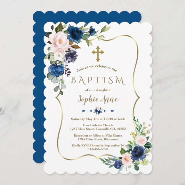 Charm Blush Classic Blue Flowers Gold Girl Baptism Invitation (Front/Back)