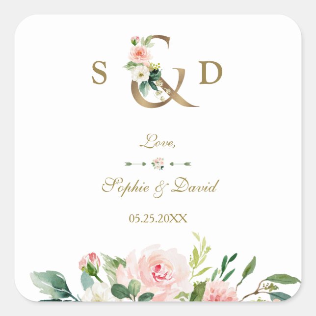 Charm Blush Floral Gold Ampersand Monogram Wedding Square Sticker (Front)