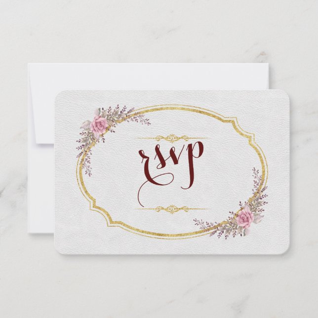 Charm Blush Floral Gold Frame White Wedding RSVP Card (Front)