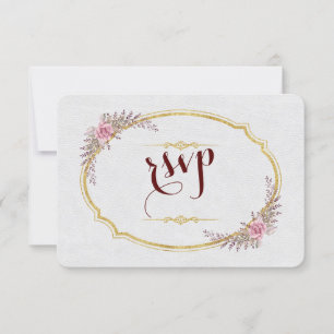 Charm Blush Floral Gold Frame White Wedding RSVP Card