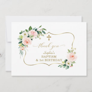 Charm Blush Flowers Gold Girl 1st Birthday Baptism Thank You Card