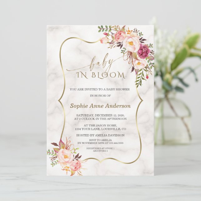 Charm Blush Flowers Gold Marble Baby in Bloom  Invitation (Standing Front)