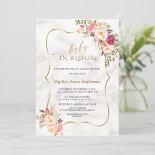 Charm Blush Flowers Gold Marble Baby in Bloom  Invitation
