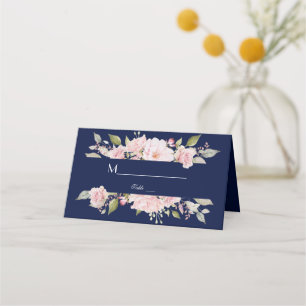Charm Blush Pink Floral Bloom Navy Blue Wedding Place Card