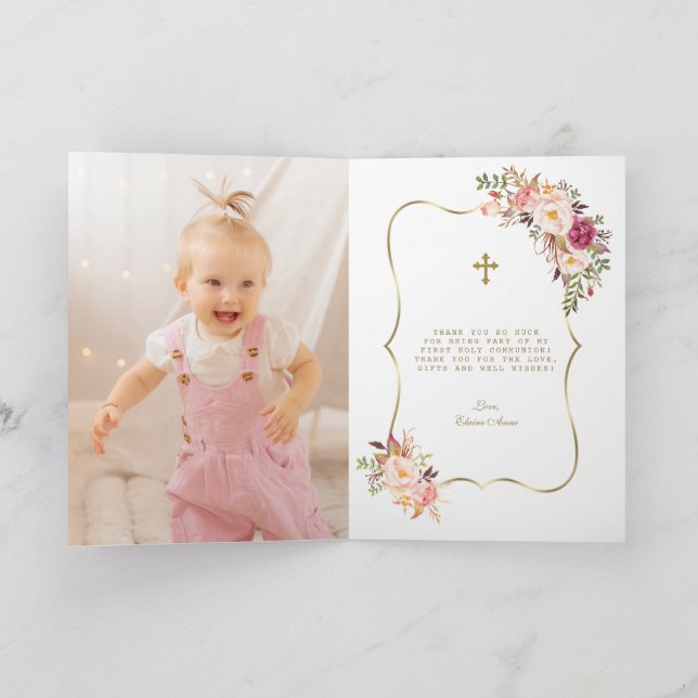 Charm Blush Pink Flowers Girl Photo Holy Communion Thank You Card (Inside)