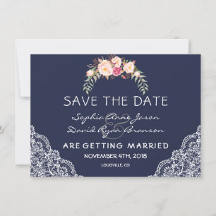Charm Blush Pink Flowers Lace Navy Wedding Save The Date