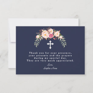Charm Blush Pink Flowers Navy Blue Girl Baptism Thank You Card