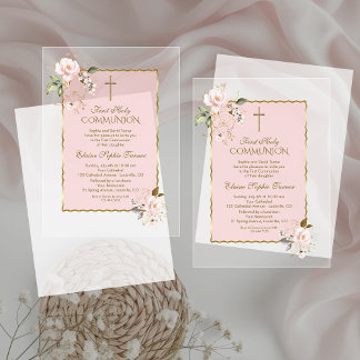Charm Blush Pink Gold Floral Cross Holy Communion Acrylic Invitations