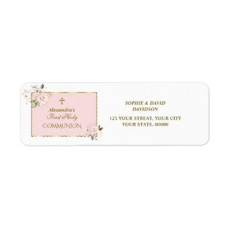 Charm Blush Pink Gold Floral Holy Communion Return Address Label