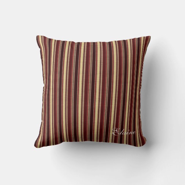 Charm Burgundy Beige Taupe Stripes Custom Monogram Cushion (Back)