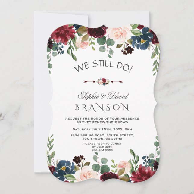 Charm Burgundy Blue Blush Floral We Still Do Invitation (Front)