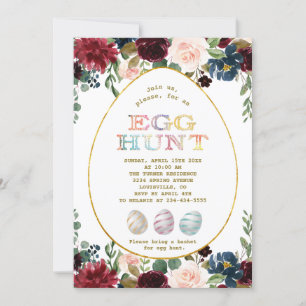 Charm Burgundy Blue Flowers Gold Egg Hunt Easter Invitation