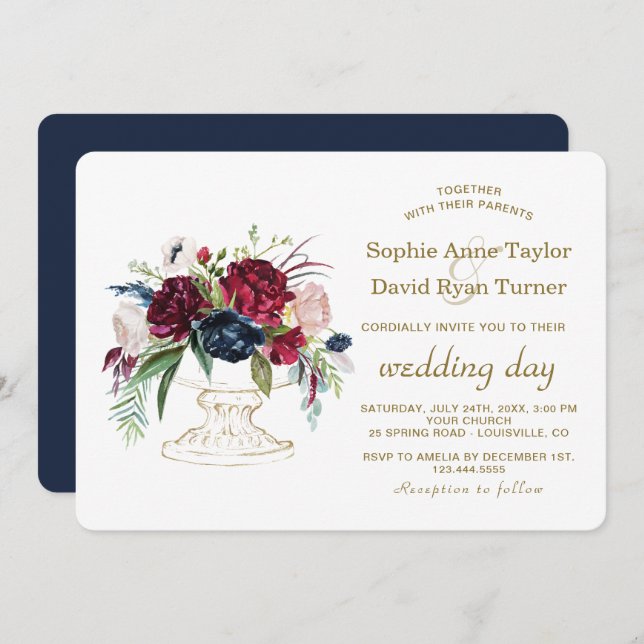 Charm Burgundy Blue Watercolor Flowers Wedding Invitation (Front/Back)