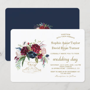 Charm Burgundy Blue Watercolor Flowers Wedding Invitation