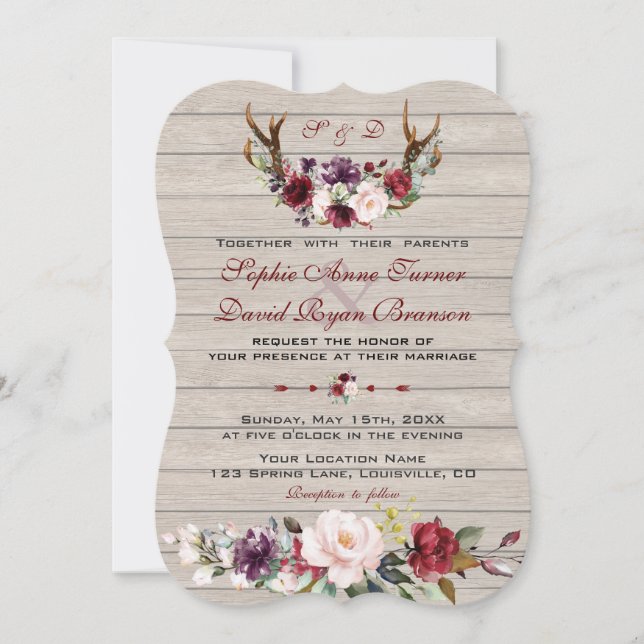 Charm Burgundy Blush Floral Antlers Barn Wedding Invitation (Front)