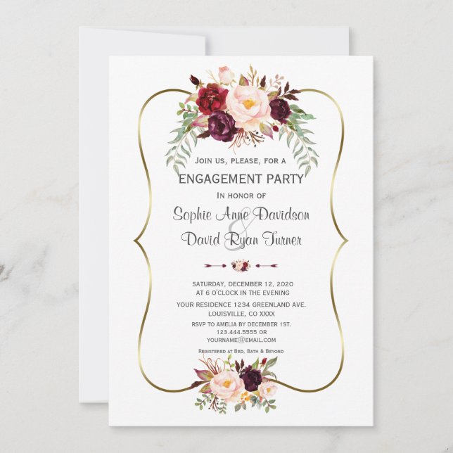 Charm Burgundy Blush Floral Gold Engagement Invitation (Front)