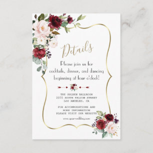 Charm Burgundy Blush Floral Gold Wedding Details Enclosure Card