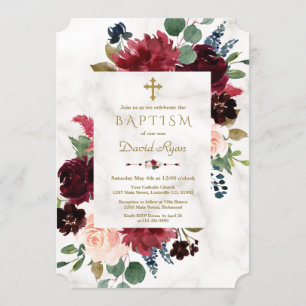Charm Burgundy Blush Flowers Cross Marble Baptism Invitation