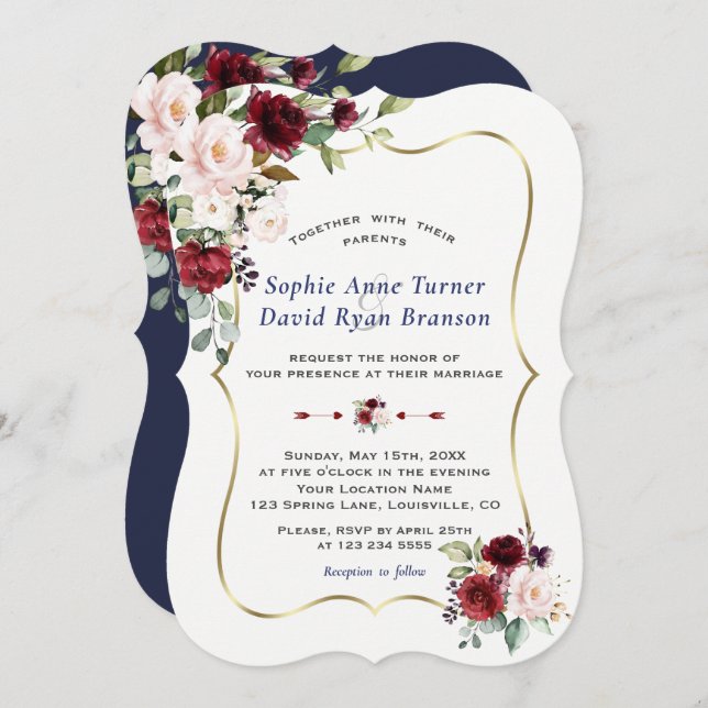 Charm Burgundy Blush Flowers Gold Frame Wedding Invitation (Front/Back)