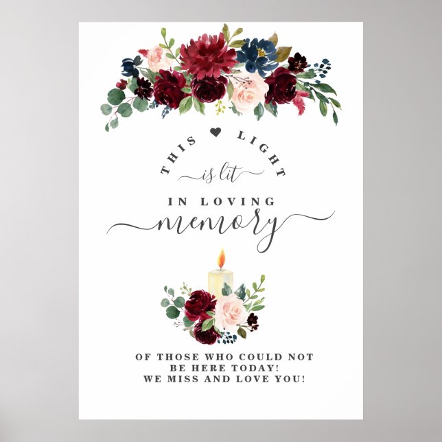 Charm Burgundy Blush Flowers In Loving Memory Sign (Front)