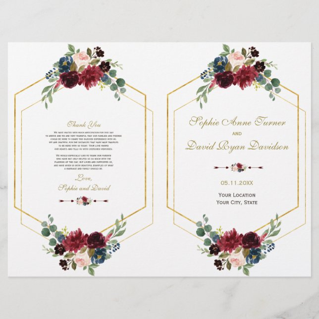 Charm Burgundy Floral Gold Frame Wedding Program Flyer (Front)