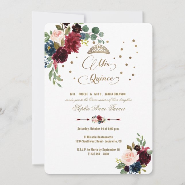 Charm Burgundy Floral Gold Mis Quince Quinceañera Invitation (Front)